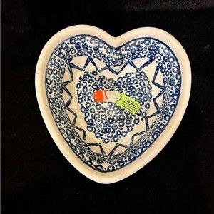 Authentic Polish pottery heart shaped dish ring tray or hang on wall